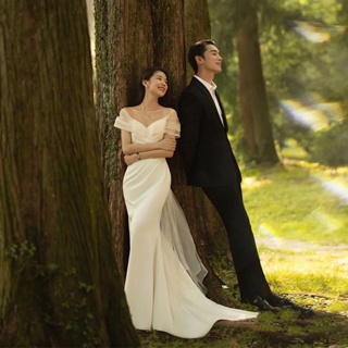 ชุดแต่งงานเรียบง่าย แฟชั่นใหม่ เจ้าสาวริมทะเล สนามหญ้า งานแต่งงาน ฮันนีมูน ท่องเที่ยว ชุดเดรสสีขาว