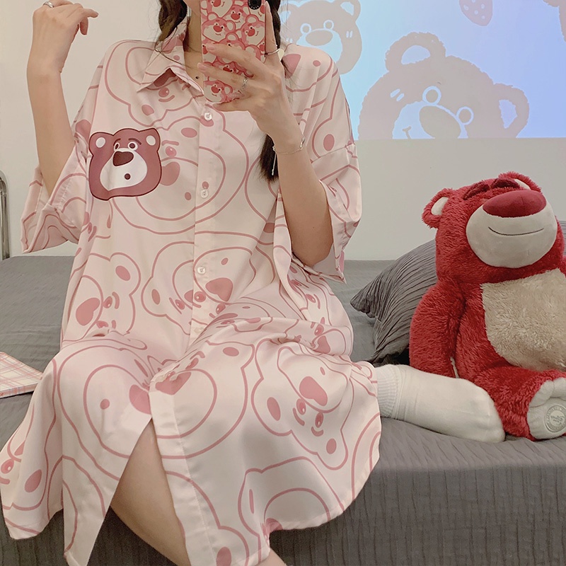 summer-new-ice-silk-cartoon-ladies-nightdress-womens-summer-strawberry-bear-sexy-sweet-short-sleeved-pajamas-dress