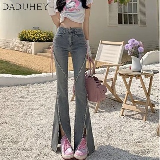 DaDuHey🎈 New American Style Ins Side Drawstring Design High Street Retro Micro Flared Jeans Women Niche High Waist Bell-Bottom Pants