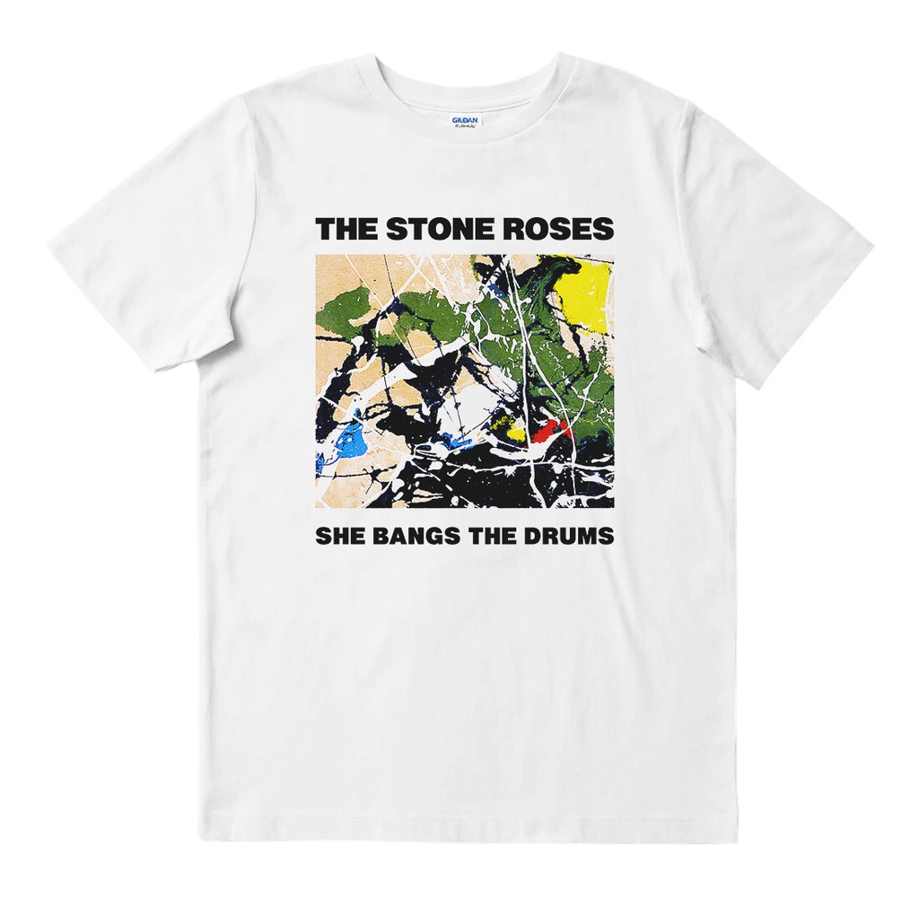 ร้อน-3-เสื้อยืดคอกลมเสื้อยืด-พิมพ์ลายวง-the-stone-roses-she-bangs-the-drums-สําหรับผู้ชายผ้าฝ้ายแท้