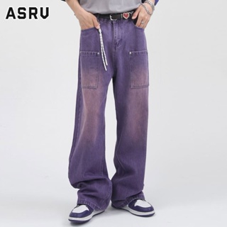 ASRV กางเกงยีนส์ผู้ชาย เวอร์ชั่นเกาหลีของเทรนด์ผลิตภัณฑ์ใหม่ที่เป็นต้นฉบับการออกแบบกางเกงยีนส์สีม่วงหลวมตรงชายและหญิงสไตล์เดียวกัน