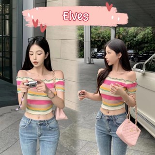 Elves✨พร้อมส่ง✨  เสื้อเปิดไหล่ไหมพรม ใส่ได้2แบบ ดีเทลลายทางสีสันสดใส  ~44166~ -C