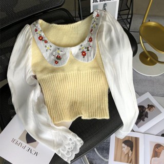 [พร้อมส่ง] เสื้อเชิ้ตถัก คอตุ๊กตา สองชิ้น สไตล์เรโทร แฟชั่นฤดูใบไม้ผลิ สําหรับผู้หญิง 2022