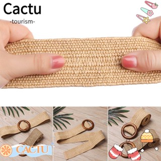 Cactu เข็มขัดฟางแฟชั่น หัวเข็มขัดไม้ ทรงกลม กว้าง สําหรับชุดเดรส สร้อยคอ