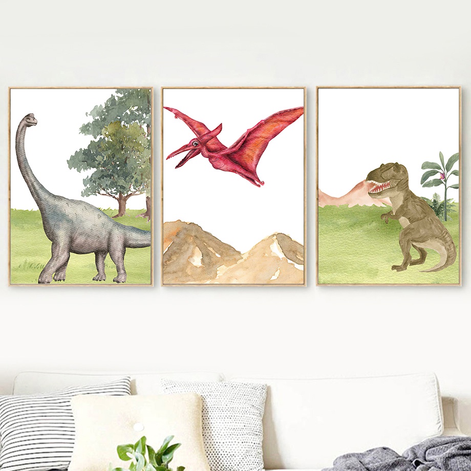 โปสเตอร์ภาพวาดผ้าใบ-รูปไดโนเสาร์จูราสสิก-t-rex-stegosaurus-สําหรับตกแต่งผนังห้องเด็ก