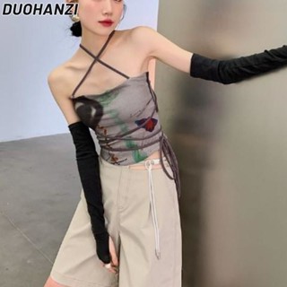Duohanzi ใหม่ เสื้อกล้าม สายไขว้ พิมพ์ลาย สไตล์จีน สําหรับผู้หญิง Y2K