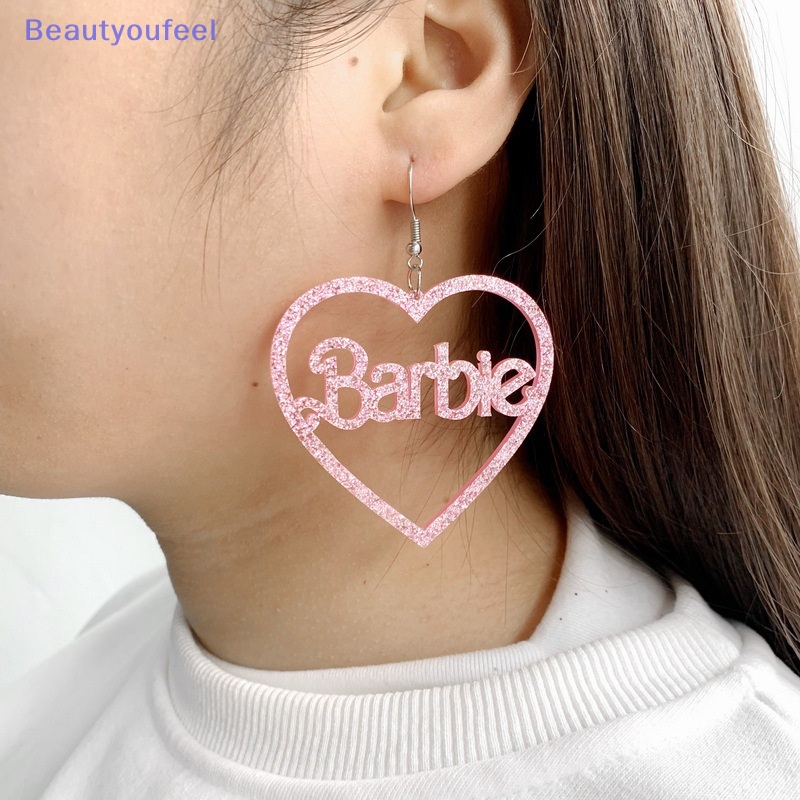 beautyoufeel-ต่างหูอะคริลิค-แต่งกลิตเตอร์-ลายการ์ตูนบาร์บี้-หัวใจ-สีชมพู-ของขวัญ-สําหรับผู้หญิง-y2k