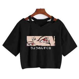 Harajuku Anime Womens tshirt Jujutsu Kaisen Printed Crop tops Punk short Tees Itadori Yuji Dark Eyes V-neck Gothic_03