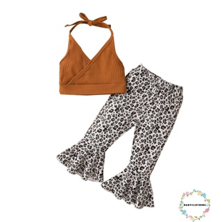 Babyclothes- เสื้อผ้าเด็กวัยหัดเดิน ชุดฤดูร้อน สีพื้น แขวนคอ ยกทรง + กางเกงขาบาน พิมพ์ลายเสือดาว