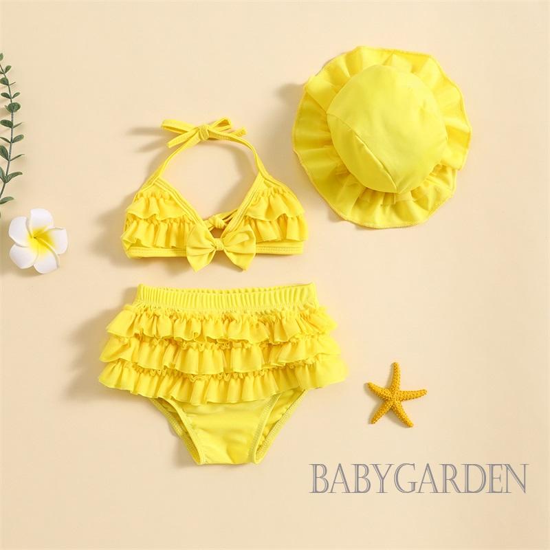 babygarden-ชุดบิกินี่-ฤดูร้อน-สําหรับเด็กผู้หญิง-เสื้อแขวนคอ-กางเกงขาสั้น-ระบายชั้น-หมวก-ชุดว่ายน้ํา