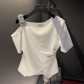ใหม่ เสื้อยืด เปิดไหล่ เอวแคบ เข้ารูป ประดับเพชร สีขาว แฟชั่นฤดูร้อน 2023