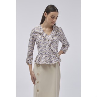 ESPADA เสื้อเบลาส์คอวีลายดอกทิวลิป ผู้หญิง สีงาช้าง | Tulip Print V-Neck Blouse | 1024