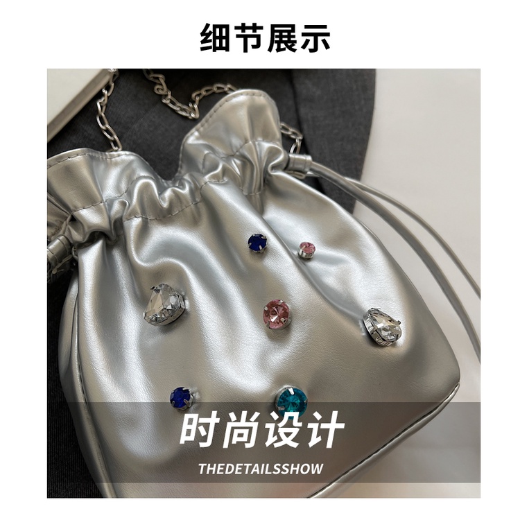 กระเป๋าสะพายไหล่-ทรงบักเก็ต-ประดับพลอยเทียม-สไตล์เกาหลี
