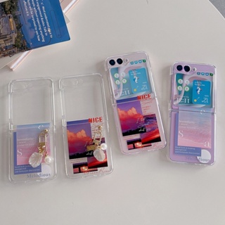 เคสโทรศัพท์มือถือแบบแข็ง ฝาพับ ใส ลายภาพวาดทะเล พระอาทิตย์ตก สีชมพู สําหรับ Samsung Galaxy Z Flip 5 4 3 2 1 5G Z Flip3 Flip4 Flip5 Flip2 Flip1