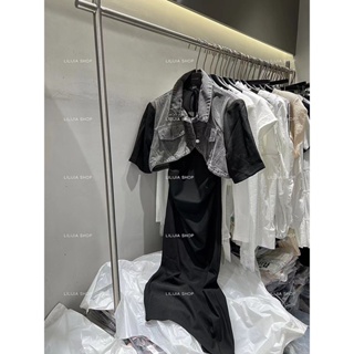 2023 summer new Hong Kong flavor light ripe fashion design sense spliced denim jacket slim halter skirt two sets of women