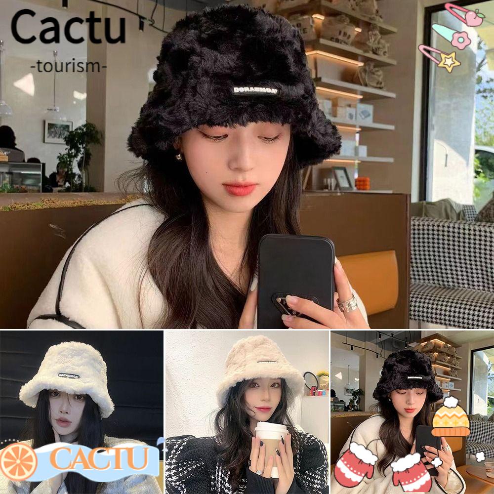 cactu-หมวกบักเก็ต-หมวกชาวประมง-หนา-สีพื้น-แฟชั่นเกาหลี-ตุ๊กตาเทียม-ฤดูหนาว-หมวกผู้หญิง