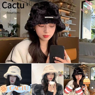 Cactu หมวกบักเก็ต หมวกชาวประมง หนา สีพื้น แฟชั่นเกาหลี ตุ๊กตาเทียม ฤดูหนาว หมวกผู้หญิง