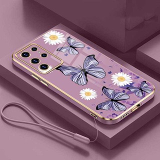 เคสโทรศัพท์มือถือยาง กันกระแทก ลายผีเสื้อ ดอกไม้ พร้อมสายคล้อง สําหรับ Samsung S23 Ultra S22 S21 Ultra Galaxy S23+ S21+ Plus S23 S21 FE 5G