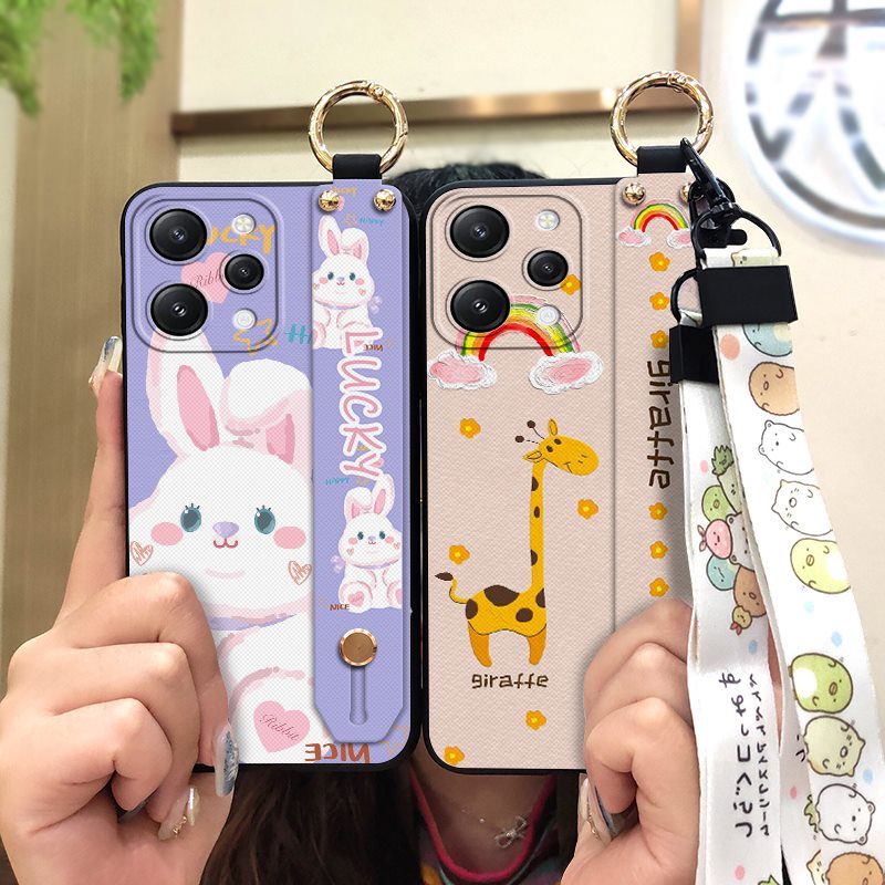 oil-painting-waterproof-phone-case-for-redmi12-4g-cute-soft-case-durable-wrist-strap-shockproof-kickstand-back-cover-wristband