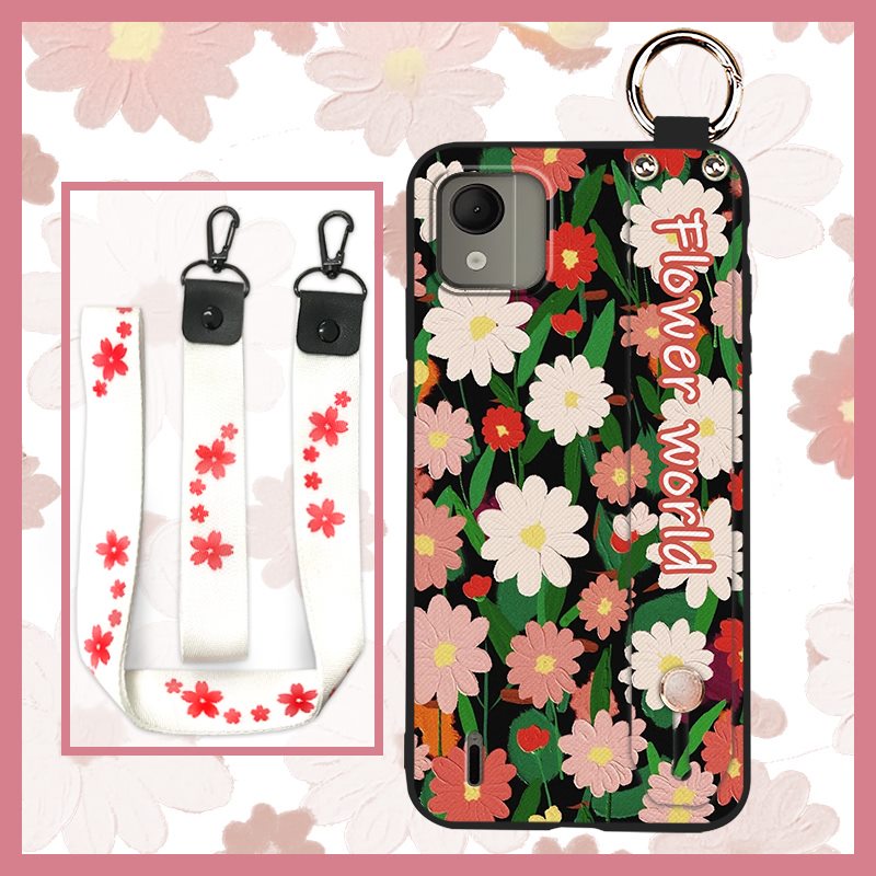 silicone-waterproof-phone-case-for-nokia-c110-4g-back-cover-wrist-strap-phone-holder-flower-lanyard-shockproof-ring-soft-case