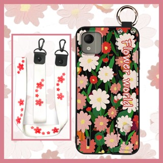 Silicone Waterproof Phone Case For Nokia C110 4G Back Cover Wrist Strap Phone Holder flower Lanyard Shockproof ring Soft case