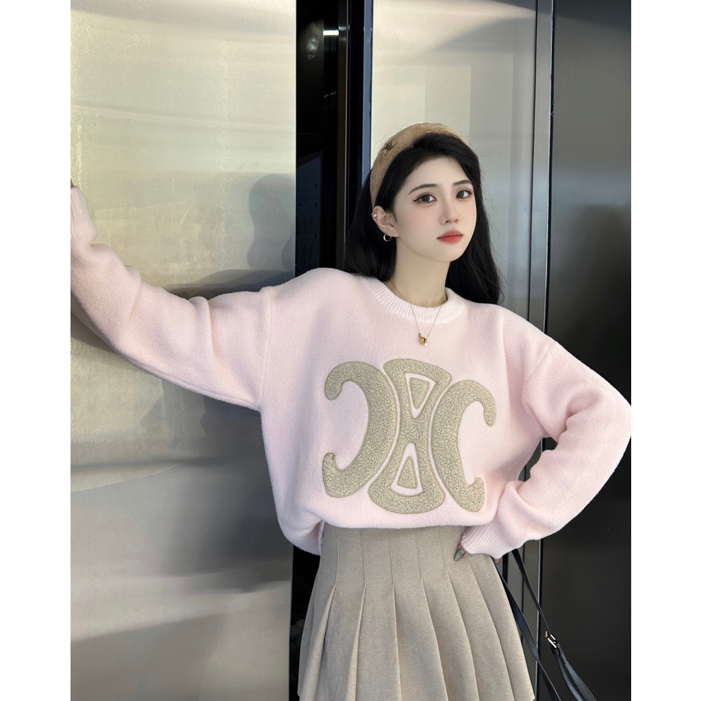 24cv-cel-beaute-2023-autumn-and-winter-new-arc-de-triomphe-towel-embroidery-pattern-pink-imitation-mink-long-sleeve-pullover-sweater-womens-sweater