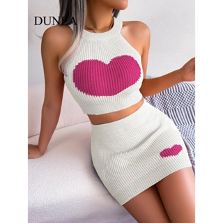 Dunea ผู้หญิง ลําลอง หัวใจ สีบล็อก เสื้อกล้าม เอวสูง กระโปรงถัก ชุด