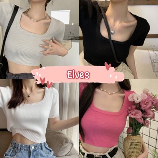 Elves✨พร้อมส่ง✨ เสื้อครอปแขนสั้นไหมพรม คอกลมแขนสั้น ผ้านิ่มยืดใส่สบาย ~9385-1~