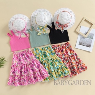 Babygarden- ชุดเสื้อแขนกุด เปิดไหล่ข้างเดียว และกระโปรงลายดอกไม้ และหมวก แฟชั่นฤดูร้อน สําหรับเด็กผู้หญิง อายุ 3-7 ปี