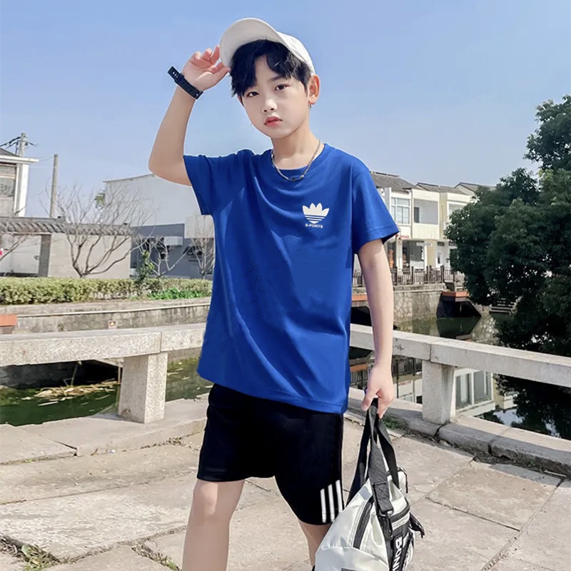 ชุดกีฬา-เสื้อแขนสั้น-กางเกงขาสั้น-แบบแห้งเร็ว-แบบบาง-ขนาดใหญ่-แฟชั่นฤดูร้อน-สําหรับเด็กผู้ชาย-สองชิ้น