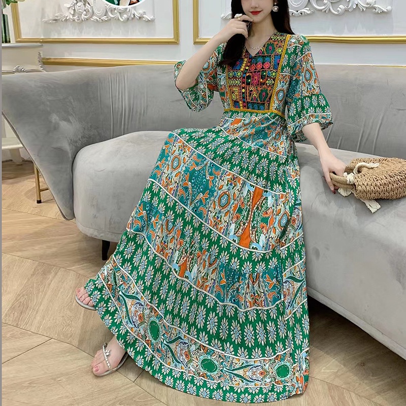 new-product-in-stock-southeast-asian-summer-ethnic-style-embroidered-dress-cotton-silk-floral-beach-dress-v-neck-big-swing-quality-assurance-fjaa