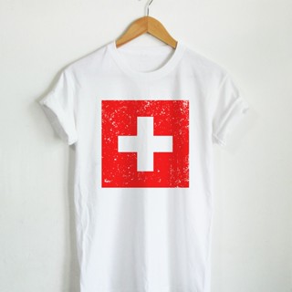 เสื้อยืดลาย ธงชาติสวิตเซอร์แลนด์ ประเทศสวิตเซอร์แลนด์ Switzerland Flag เสื้อสกรีน แขนสั้น คอกลม