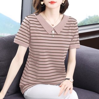 เสื้อยืดแขนสั้น คอปก ทรงหลวม ลายทาง พลัสไซซ์ สไตล์เกาหลี แฟชั่นฤดูร้อน สําหรับผู้หญิง
