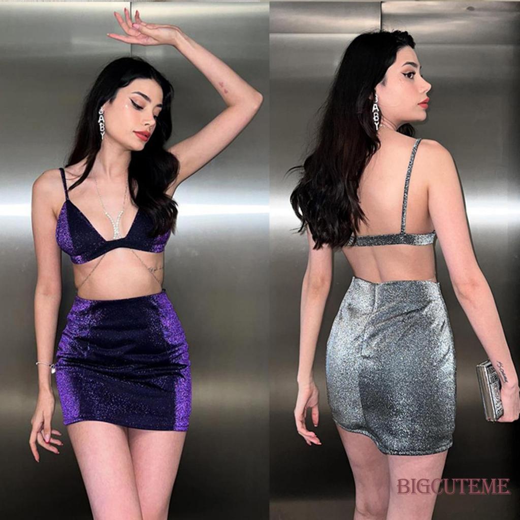 เสื้อสายเดี่ยว-และกระโปรง-สายสปาเก็ตตี้-ประดับกลิตเตอร์-สีเงิน-สีม่วง-แฟชั่นฤดูร้อน-สําหรับผู้หญิง-2-ชิ้น