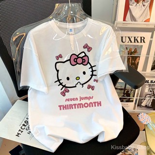 เสื้อยืดแขนสั้น ผ้าฝ้ายแท้ แบบบาง พิมพ์ลาย Hello Kitty แฟชั่นสําหรับเด็กผู้หญิง