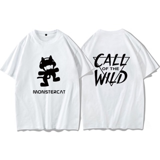 การ์ตูน Monstercat แมวมอนสเตอร์พิมพ์ผ้าฝ้ายแขนสั้นเสื้อยืดลำลองผู้ชายแขนสั้นด้านบนสุดหล่อ น่ารัก