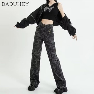 DaDuHey🎈 Camouflage Cargo Pants Wide Leg Jeans Womens Summer Thin American Style Loose High Waist Drooping Straight Mop Pants