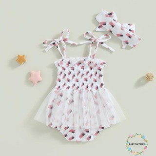 Babyclothes- ชุดรอมเปอร์ แขนกุด พิมพ์ลายธงชาติ พร้อมที่คาดผม สําหรับเด็กผู้หญิง 4 กรกฎาคม