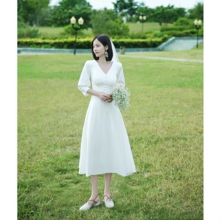 ชุดแต่งงาน ผ้าซาติน สีขาว แบบเรียบง่าย สไตล์ฝรั่งเศส สําหรับเจ้าสาว ชายทะเล สนามหญ้า งานแต่งงาน ฮันนีมูน เดินทาง ถ่ายภาพ