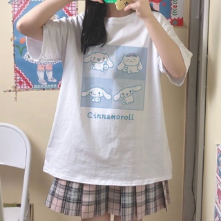 ฤดูร้อนใหม่ ญี่ปุ่น Sanrio หวานน่ารัก Cinnamoroll พิมพ์แขนสั้นเสื้อยืดฝรั่งเศส Yangqi นุ่มสาวหลวมเรียบง่ายนักเรียนหญิงเส