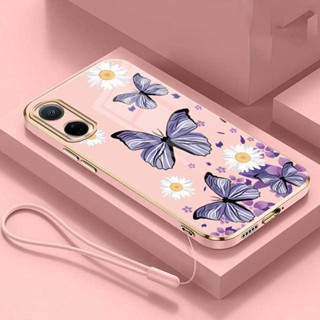 เคสโทรศัพท์มือถือ ยางเคลือบเงา กันกระแทก ลายผีเสื้อ ดอกไม้ พร้อมสายคล้อง สําหรับ OPPO Reno 8T 5G reno8 T 4G Reno 6 5 Pro 5G