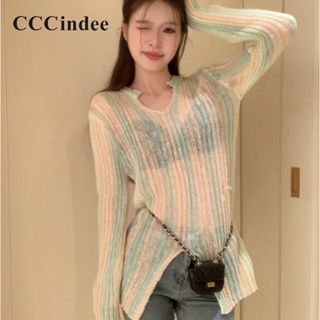 Cccindee เสื้อยืดแขนยาว คอวี ลายทาง สีมัดย้อม กันแดด แฟชั่นใหม่ สําหรับผู้หญิง 2023