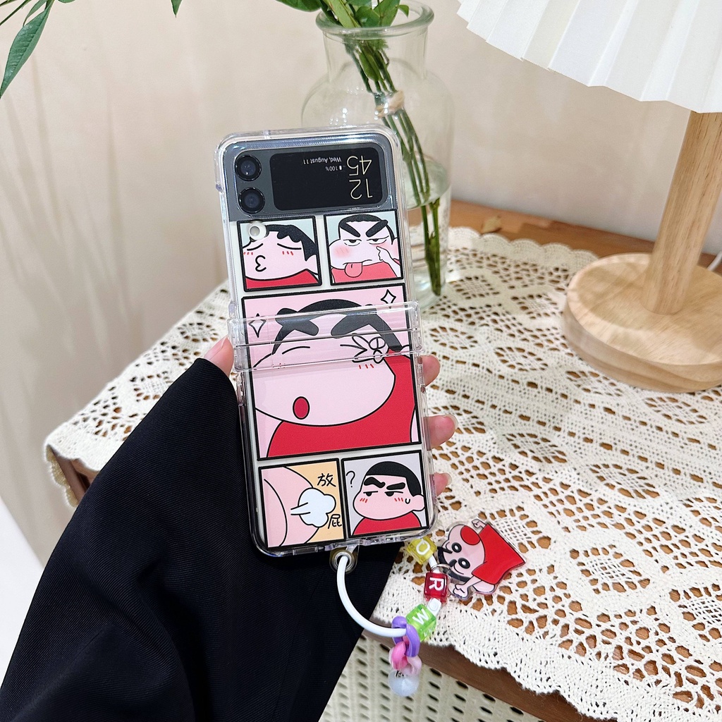 เคสโทรศัพท์มือถือ-pc-แข็ง-กันกระแทก-ลายการ์ตูนชินจังน่ารัก-พร้อมสายโซ่คล้อง-สําหรับ-samsung-galaxy-z-flip-4-5g-3in1-z-flip-3
