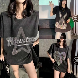 เสื้อยืดลําลอง ผ้าฝ้าย 100% แขนสั้น คอกลม ทรงหลวม ประดับเพชร สไตล์สตรีท แฟชั่นฤดูร้อน สําหรับสตรี 2023