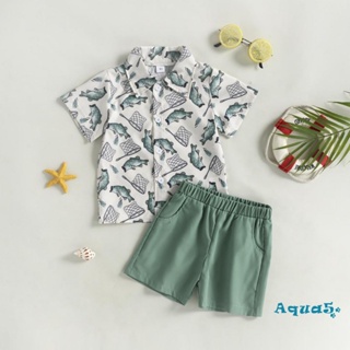 Aqq- ชุดเสื้อเชิ้ต แขนสั้น พิมพ์ลายปลา และกางเกงขาสั้น ผ้ายืด ลําลอง แฟชั่นฤดูร้อน สําหรับเด็กผู้ชาย