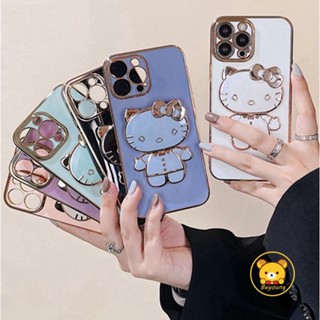 เคสโทรศัพท์มือถือ ลายเฮลโลคิตตี้ แบบพกพา 360 องศา สําหรับ iPhone 13 12 Pro Max 13 Mini 12 Mini° เคสกระจกแต่งหน้า TPU ชุบไฟฟ้า ป้องกันเลนส์ หมุนได้