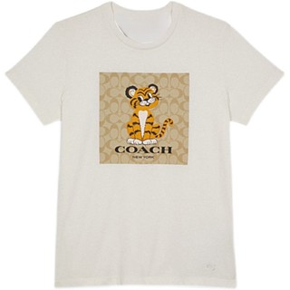 เสื้อยืดผ้าฝ้ายพรีเมี่ยม Coach เสื้อยืดแขนสั้น ผ้าฝ้าย ลายการ์ตูนเสือ สีขาว สําหรับผู้หญิง_02