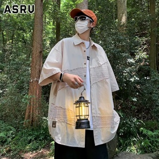 ASRV เสื้อเชิ้ตผู้ชาย  แบบหลวมแฟชั่นประจำวันสีทึบเทรนด์ใหม่ของเยาวชนวรรณกรรมยอดนิยมและศิลปะเสื้อเชิ้ตแขนสั้นขี้เกียจ