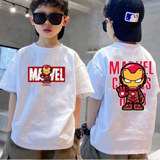 เสื้อยืดแขนสั้น พิมพ์ลายการ์ตูน Iron Man แฟชั่นฤดูร้อน สําหรับเด็กผู้ชาย 2023