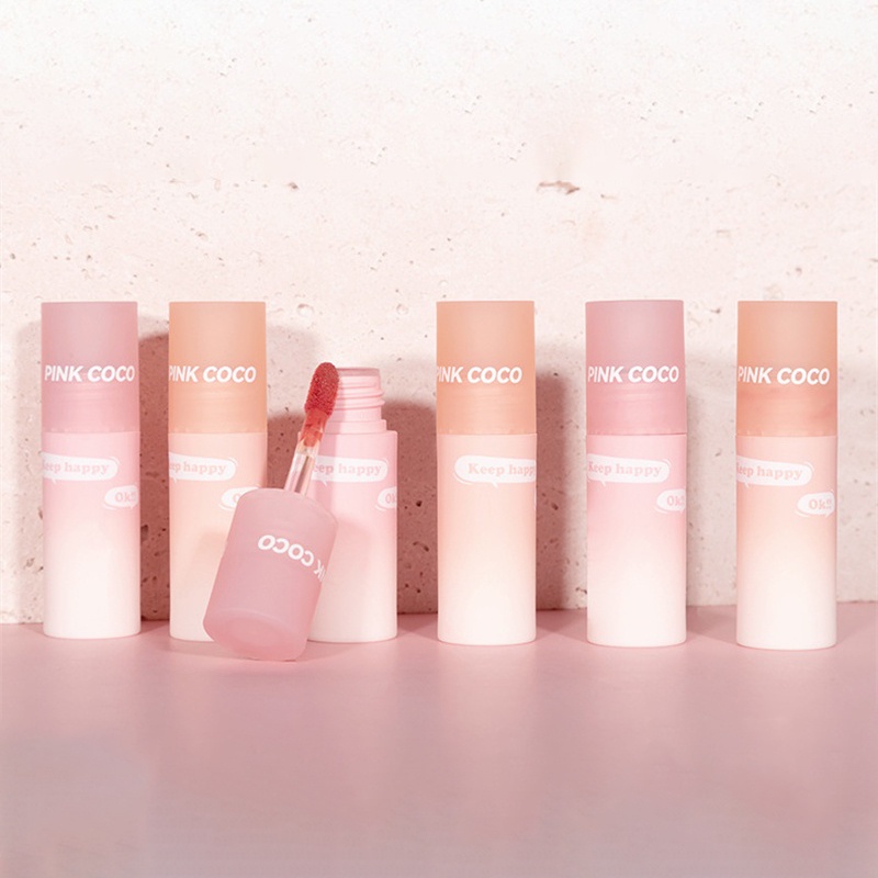 pinkcoco-vitality-girl-light-face-lip-glaze-velvet-peach-pure-desire-wind-matte-lip-mud-white-นักเรียน-ame1-ame1